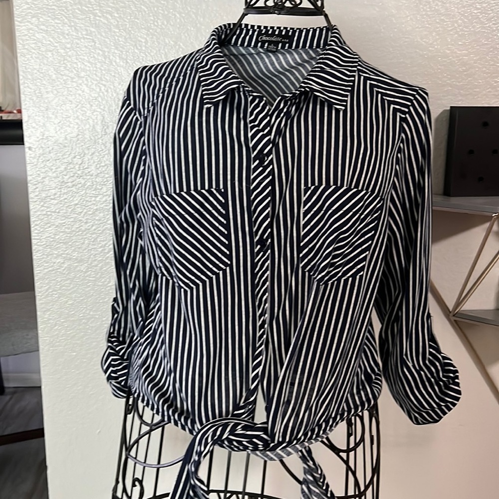 Blue and white straps button up shirt